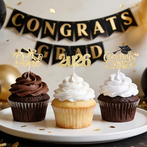 2026 Graduation Cupcake Toppers - 60 Pcs Black Gold Decor