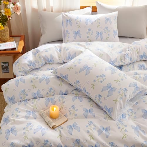 Blue Bow Duvet Cover Set for Kids - Full Size, Floral Design, JFS1379