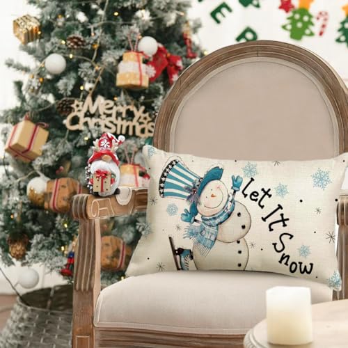 RABUSOFA Christmas Lumbar Pillow Cover, 12x20 Inch Blue Snowman Snowflake