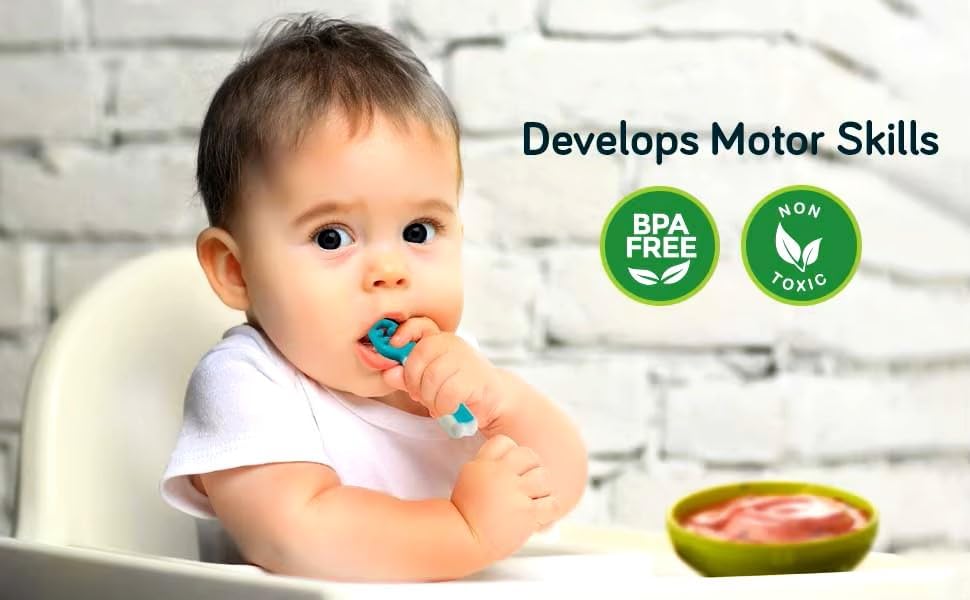 Skiennix Baby Spoons - Silicone Pre-Spoons for 6+ Months - Ideal for Baby Led Weaning | Set of 2 Teal/White