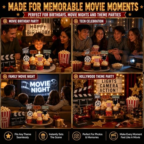 Movie Night Cupcake Toppers - 12PCS Glitter Decorations