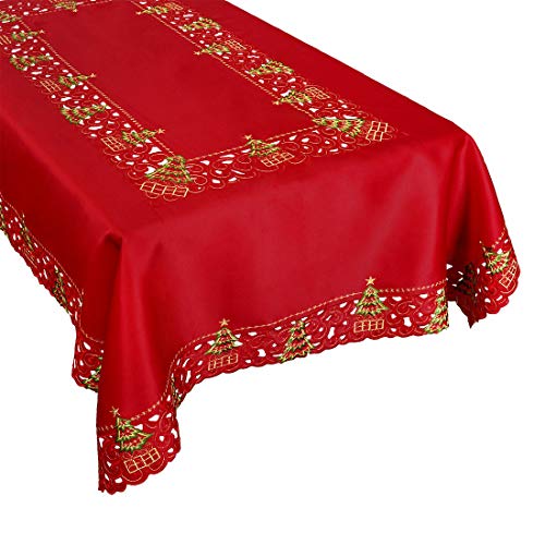 Christmas Holly Tree Embroidered Satin Tablecloth 57x101 Inches - Holiday Decor