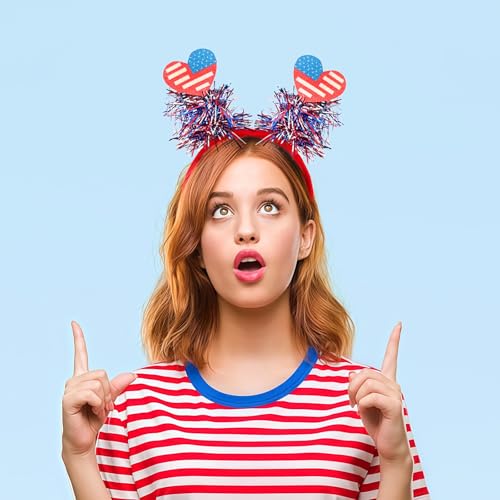 4th of July USA Flag Star Bow Headband with Tinsel Red White Blue