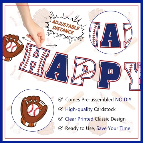 Pre-Strung Baseball Birthday Decorations - Happy Birthday Banner & Swirls