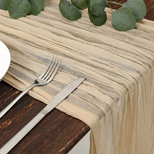 Beige Boho Cheesecloth Table Runner 13.3ft, Rustic & Elegant Dining Decor