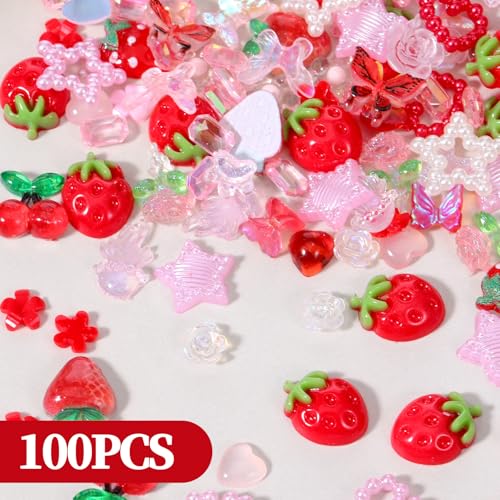 Vin Beauty 100pcs 3D Mixed Resin Nail Charms Strawberry Flower Bow