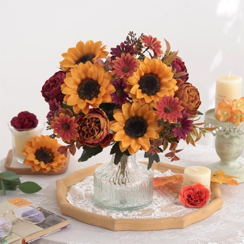 Fall Artificial Sunflower Peony Bouquet Set - 2 Pcs for Autumn Decor