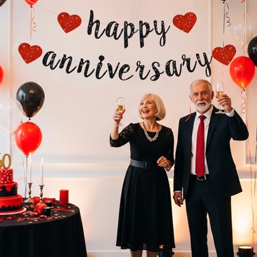 Glitter Happy Anniversary Banner Decoration - Black Red Pre-Strung