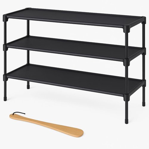 3-Tier Shoe Rack Organizer by [Brand Name] - Durable Plastic Storage Shelf for Entryway & Closet | Space-Saving Design in Black