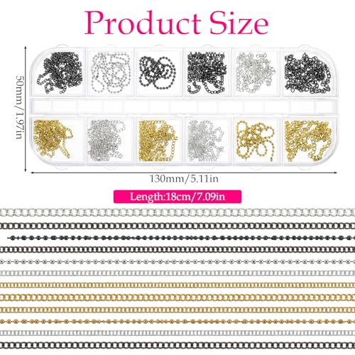 Metal Nail Chains for Nail Art - 12 Strips Gold, Silver & Black 3D Charms