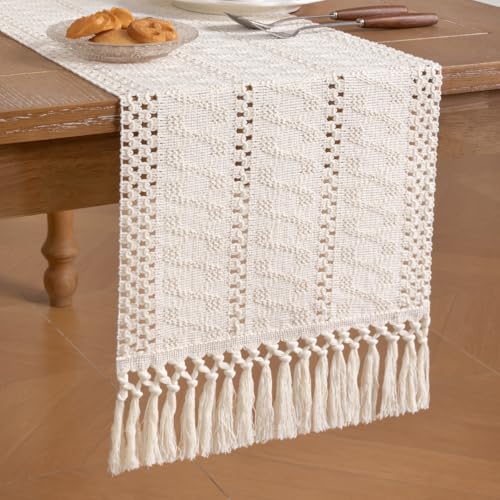 Boho Farmhouse Table Runner Fall Decor Cream 12x72 Inches - Rustic Home Accessory