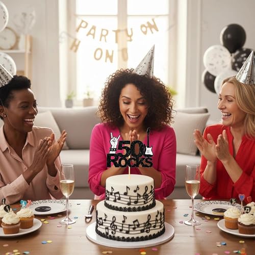 50th Birthday Cake Topper - Black Glitter Rock Guitar Decor