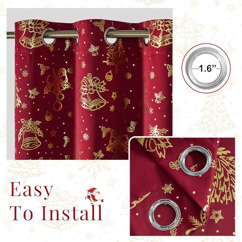 Red Christmas Blackout Curtains 63 Inch for Bedroom Living Room - Gold & Red / Pack of 2