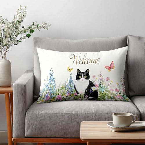HOMETITUTE Cat Floral Satin Pillow Covers - 12x20 Inch Pack of 2