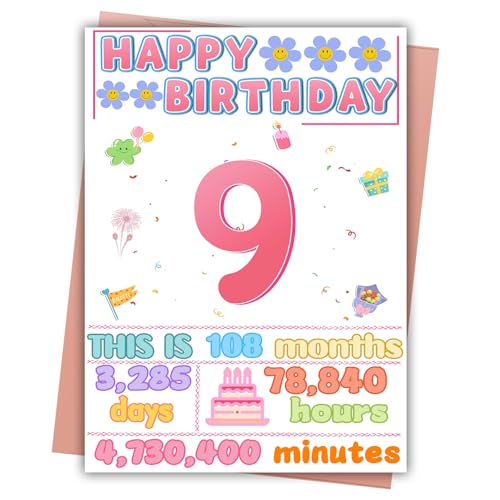 9th Birthday Card for Girl with Glitter Envelope - Premium Quality