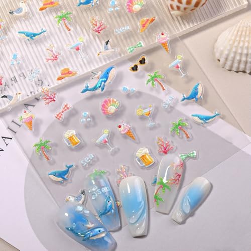 3D Summer Beach Nail Art Stickers - Ocean Designs (2 Sheets)