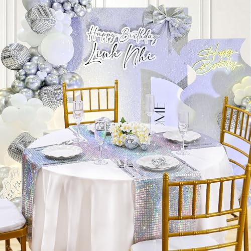 Silver Sequin Table Runner for Disco Party - Set of 4, 13x72 Inches