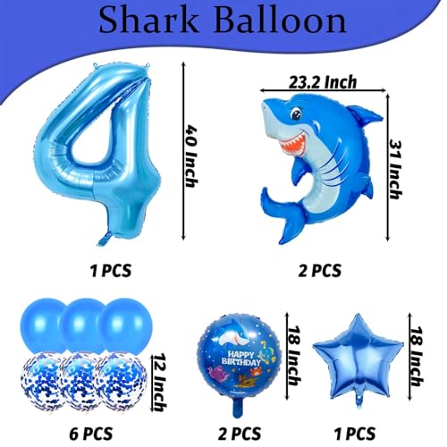 Giant Shark 4 Balloon - 40 Inch Blue Foil Number 4 for Kids Birthday Party (Shark-4)
