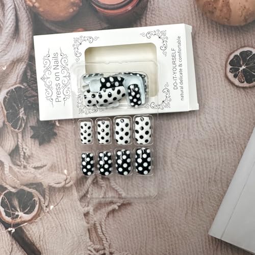 Black and White Press on Nails Square Glossy False Nails with Dots
