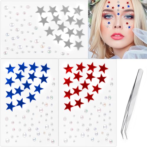 Star Face Gems Stickers - 3 Sheets Red, Silver & Blue Rhinestones for Makeup, Festivals and Parties