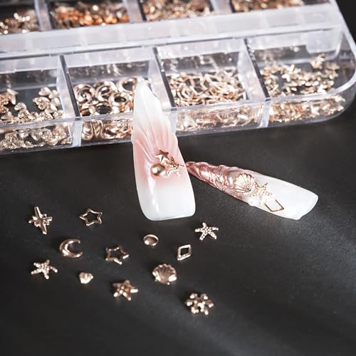 BUNNIEBEAUTY Rose Gold Nail Charms Kit with Star and Moon Shapes, Tweezers, and Pick-Up Pencil
