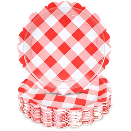 48 Pcs 7" Red Gingham Paper Plates, Disposable Checkered Party Tableware