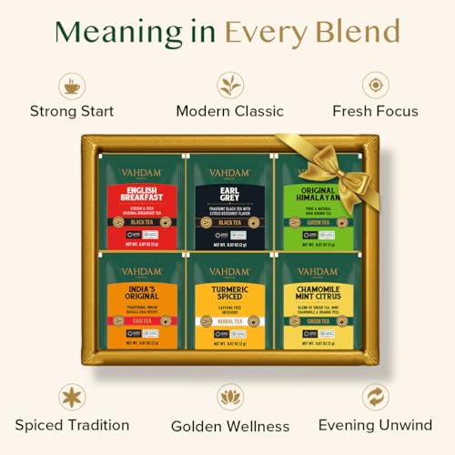 VAHDAM Founder's Select Tea Gift Set - 6 Flavors, 36 Pyramid Tea Bags