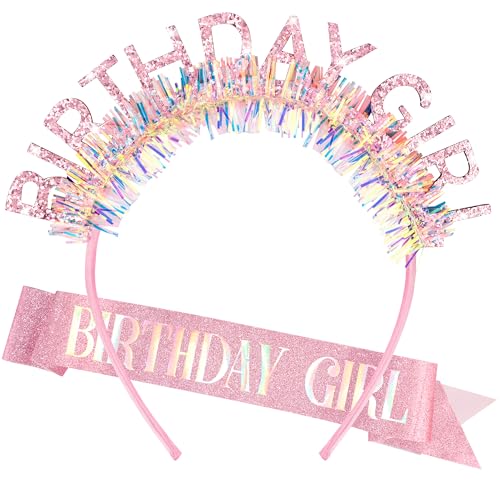 COCIDE Pink Glitter Birthday Girl Headband and Sash Set Tiara Gift