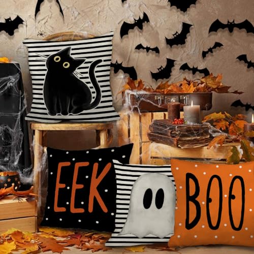 GEEORY Halloween Pillow Covers Set of 4 - 18x18 Inch Ghost & Cat Designs