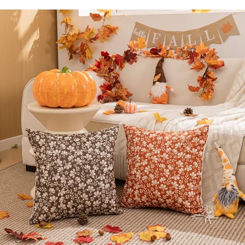 Allorry Rust Daisy Floral Pillow Covers, 18x18 Farmhouse Cushion Set of 2