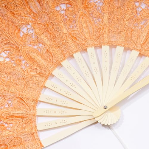 Choyaxo Cotton Lace Folding Hand Fan, Embroidered Floral Design (Orange)