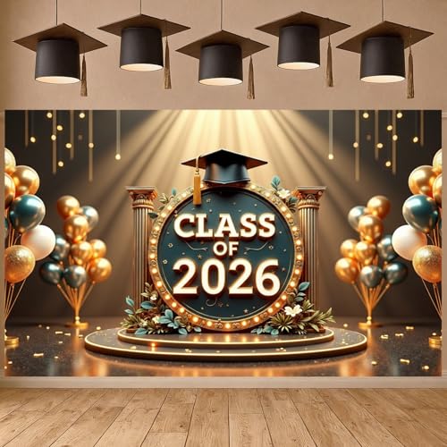 Class of 2026 Graduation Backdrop | Black Gold Photo Props