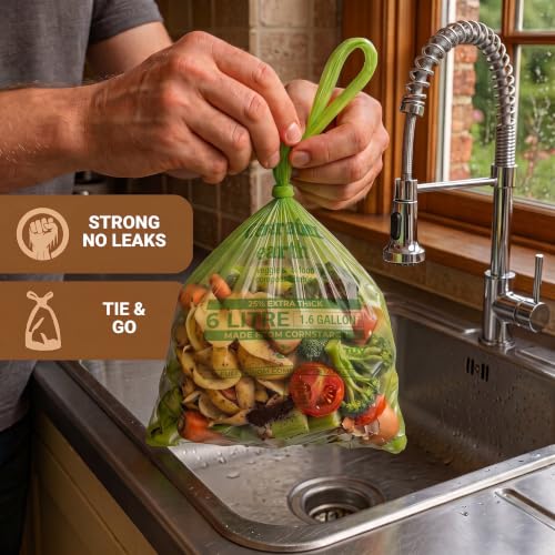 Generation earth 1.6G (120 Bags) Compostable Food Waste Bags with Tie Handles, Biodegradable Kitchen Bin Liners