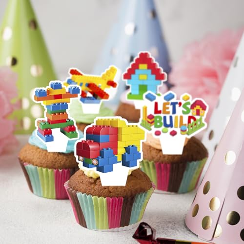 Building Block Cupcake Toppers - 24-Piece Brick Themed Party Decorations