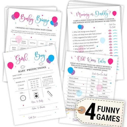 Baby Gender Reveal Games Set - 50 Double-Sided Cards, 4 Fun Activities
