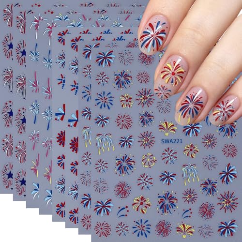 4th of July Fireworks Nail Stickers Independence Day Decals (8 Sheets)