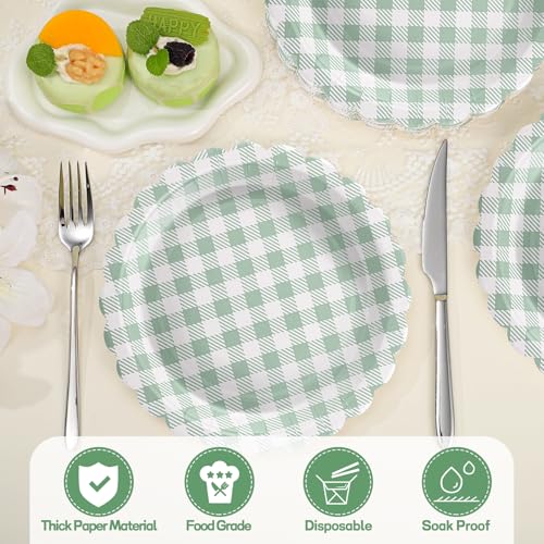 Sage Green Gingham Paper Plates, 30 Pack, 9 Inch, Scalloped