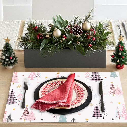 Pink Christmas Tree Placemats Set of 4 - 12x18 Inches Holiday Table Decor