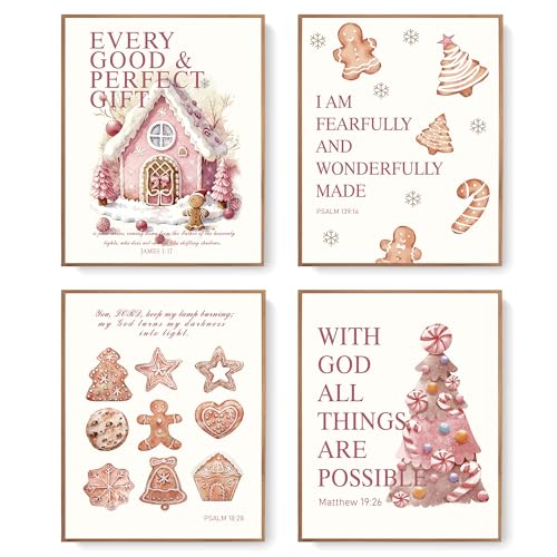 Pink Christmas Gingerbread House Wall Art Set - 8x10in Unframed, Bible Verse Variant