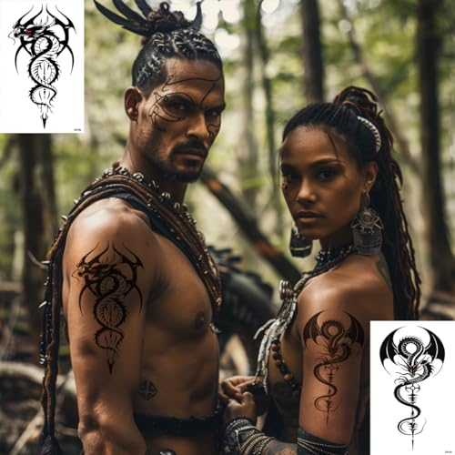 AWLEE Tribal Dragon Temporary Tattoos - 10 Sheets Realistic Waterproof Fake Body Art for Men & Women