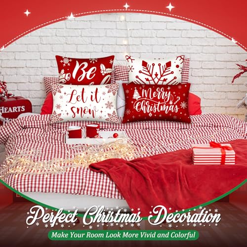 Red Christmas Snowflake Pillow Covers Set - Holiday Decor, 10 Pcs, Winter Snowflake Design