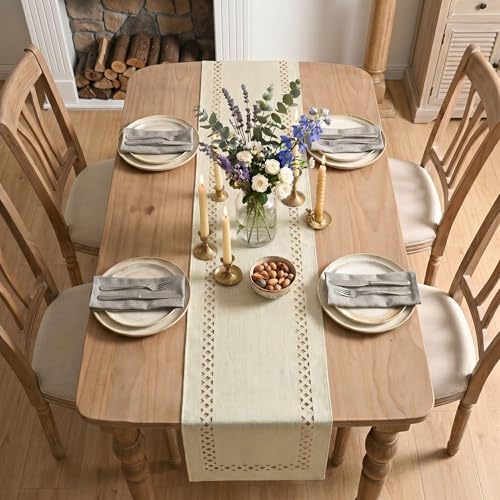 Beige Rustic Geometric Table Runner 13x90 Inch - Washable Polyester
