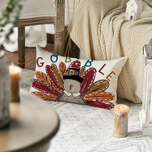 Thanksgiving Gobble Turkey Pillow Cover, 12x20 Inch Cushion Case