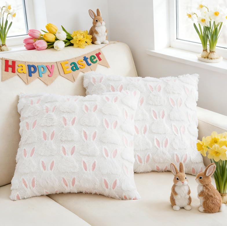Easter Bunny Pillow Covers 18x18 Set of 2 - Soft Plush Decor