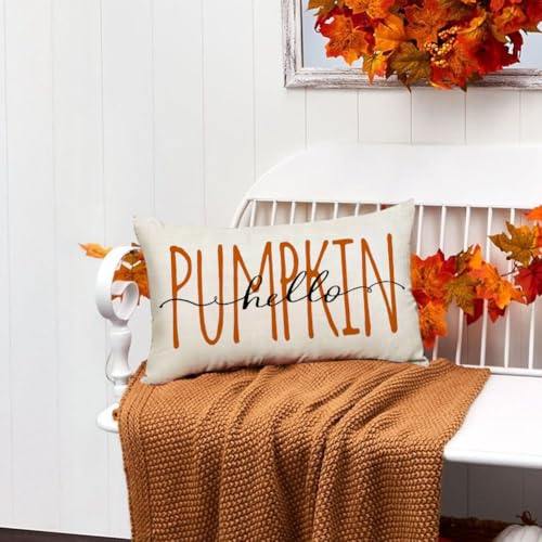 Cream Fall Pillow Cover 12x20 | Hello Pumpkin Thanksgiving Decor