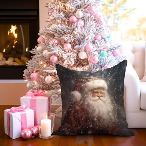 Christmas Pillow Cover 18x18 – Vintage Santa in Snowstorm (Black)