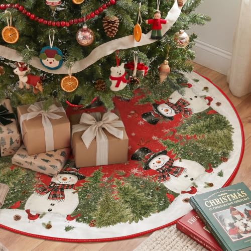Red Christmas Tree Skirt 60 Inch for 7.5-9ft Trees Snowman Cedar Cardinals