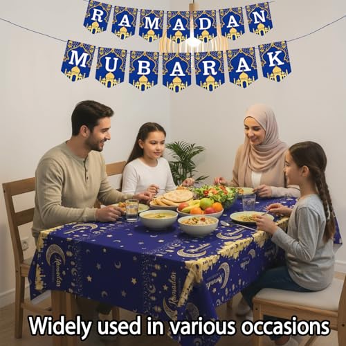 Ramadan Mubarak Decorations Set - Blue and Gold Banner, Garland & Tablecloth