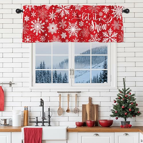 Christmas Snowflake Valance Curtain - Red Winter Short Window Treatment, 52 x 18 Inch, Pack of 1