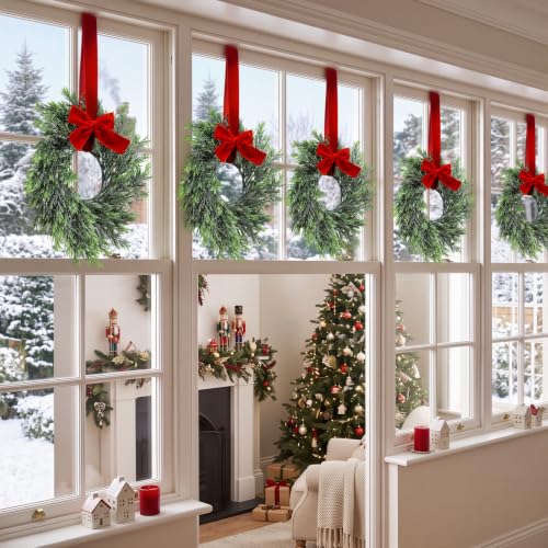 Mini Christmas Wreaths Set of 6 - 15 Inch Rustic Holiday Decor with Bows